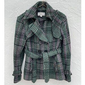 Donatella Womens Plaid Tie Waist Wool Pea Coat Green Sz Medium